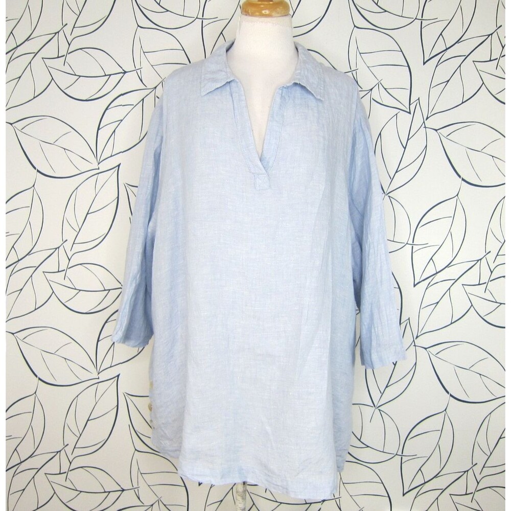 Tahari 100% Linen Tunic Top Blue 3/4 Sleeve Collar V-neck Side Buttons Size 3X